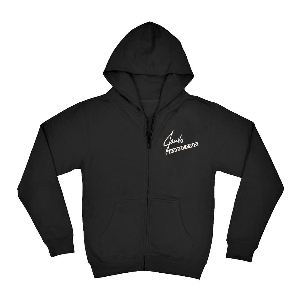 The front of the Angel Fountain Zip Hoodie with the Jane's Addiction logo printed on it.